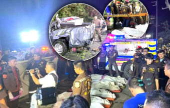 Nightmare road traffic accident in Nakhon Pathom as an Isuzu pickup sped away from a police patrol