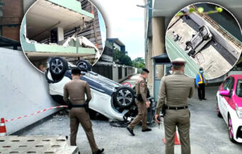 An old man smashes EV car through a car park wall and tumbles to the ground wheel up on Monday. Survives