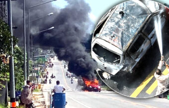 40-year-old woman survives a bomb which turned her small car into a raging inferno in Pattani province